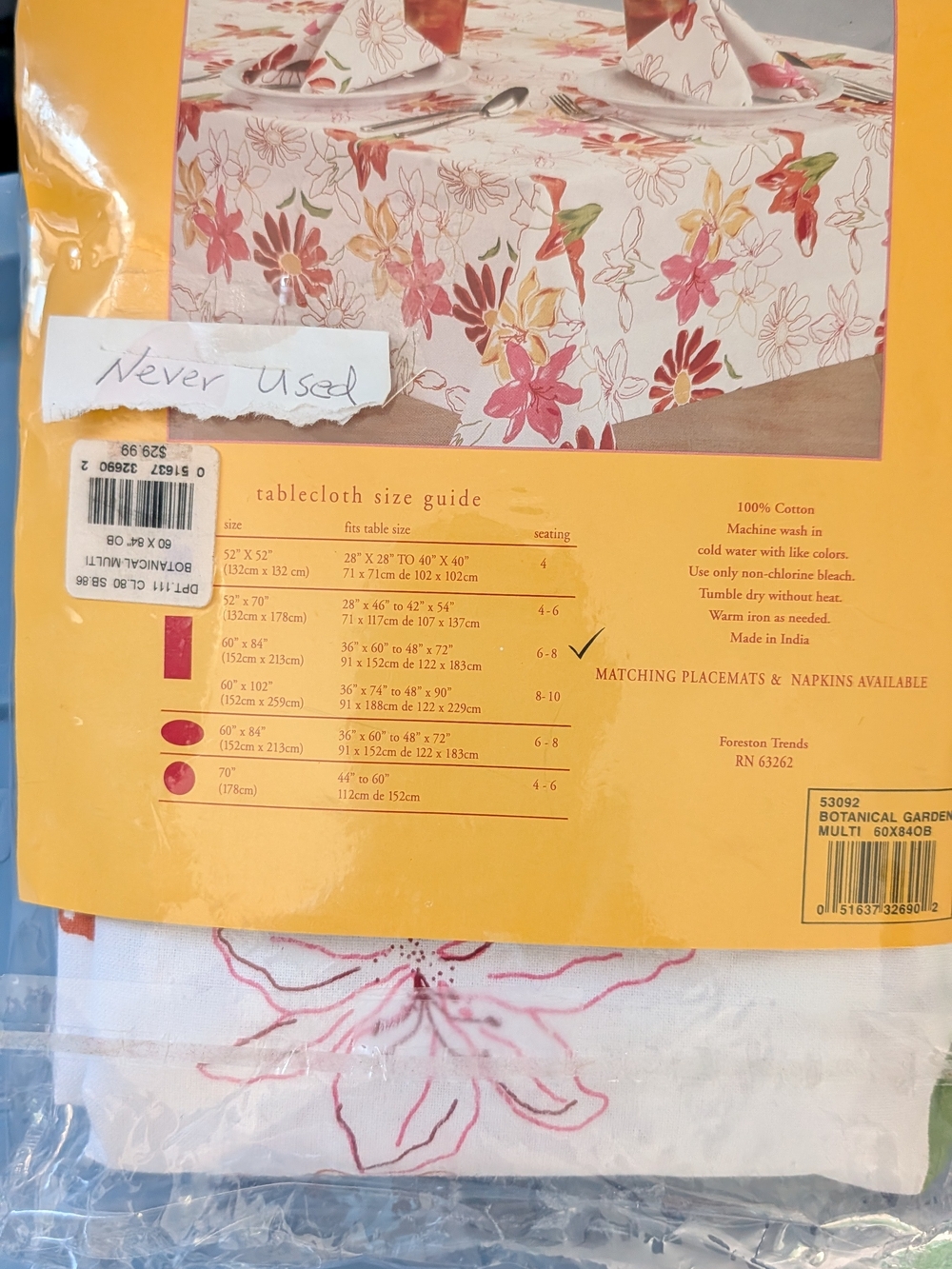 Botanical Garden Floral Tablecloth - White with Pink & Yellow Flowers 60 X84.